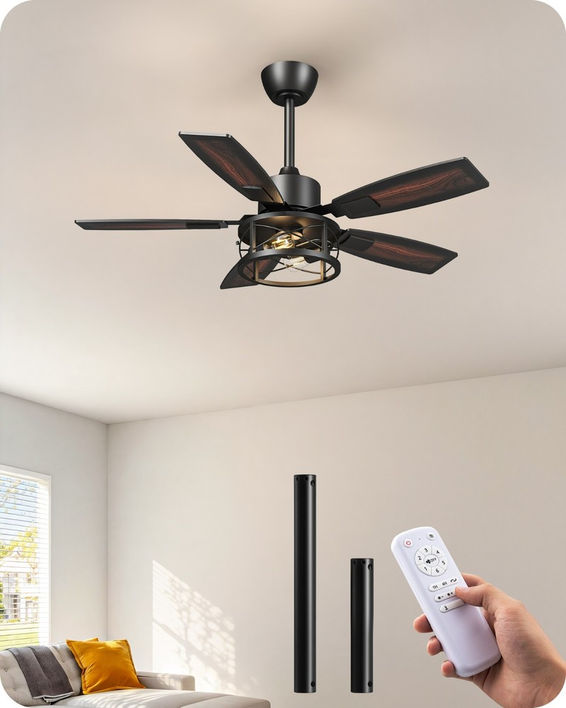 42" Reversible DC Ceiling Fan Light Dimmable Remote 6-Speed Wood Caged Quiet