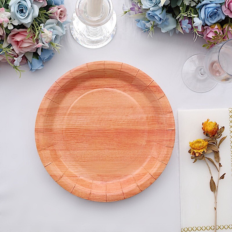25 Natural 10 in Round Disposable Paper PLATES Wood Grain Design Party Events gallery