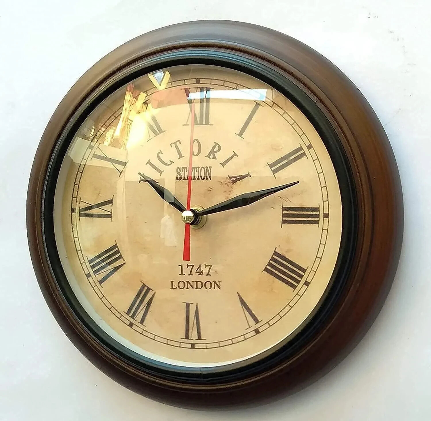 8" Wooden Deep Glass Wall Clock Antique Style Brown Finish Wall Clock Silent gallery