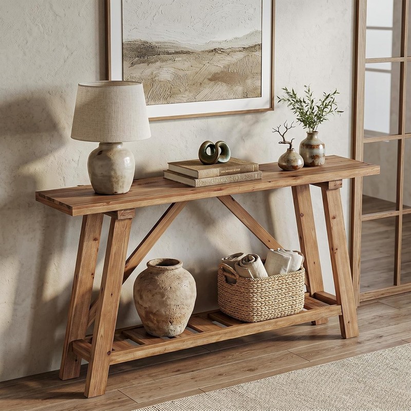 Solid Wood Console Table, 63" Long Narrow Entryway Sofa Table with Storage Shelf gallery