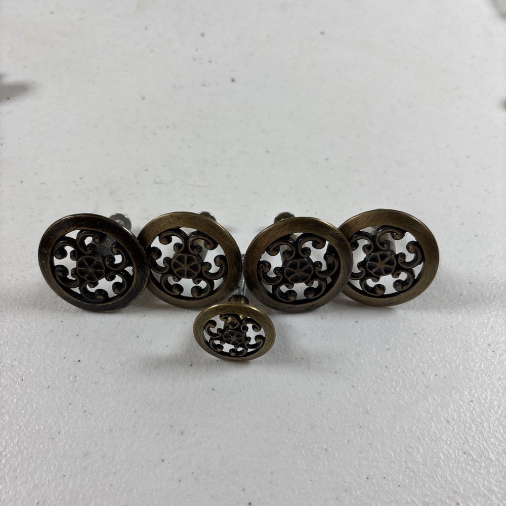 Jaybee Mid Century Drawer Pulls Knobs 1960 1.5" & 1/2” Antique Gold Metal 5pc