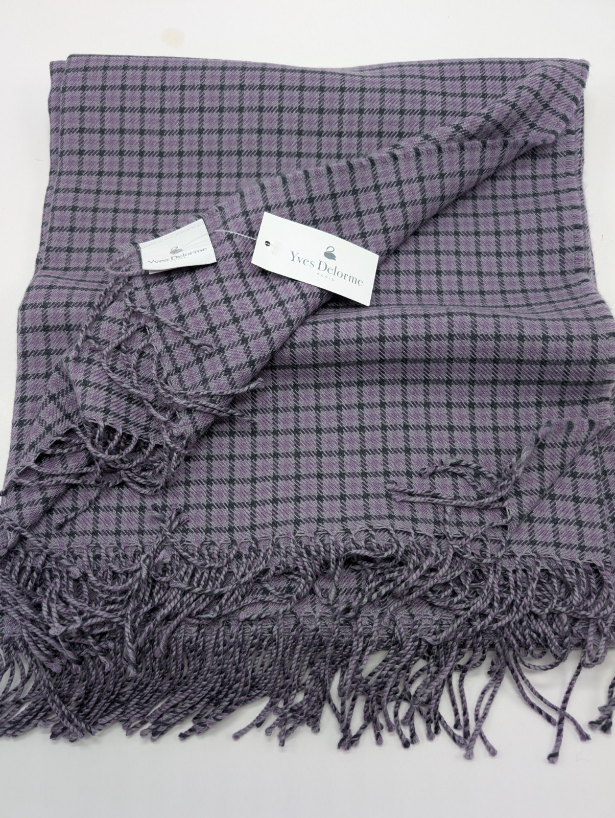 Yves Delorme Purple Gabriel Throw Blanket Fringed Houndstooth Merino Wool NEW gallery