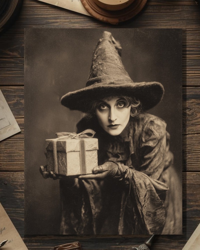 Victorian Gothic Witch Offering Gift Christmas Birthday Card Blank Inside