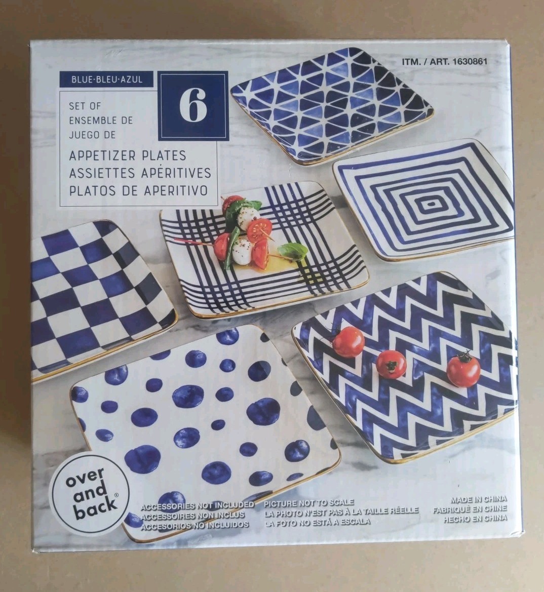 Overandback Appetizer Square Plates 6-Pack Stack for Easy Storage Blue/White NEW gallery