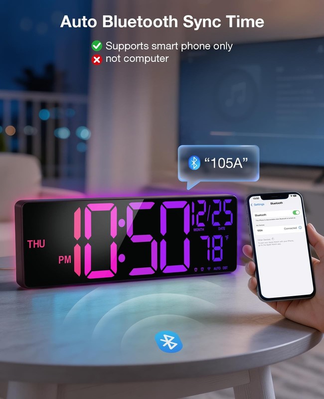 16'' Large Digital LED Wall Clock with Remote Control Dual Alarm 8 RGB Bluetooth gallery