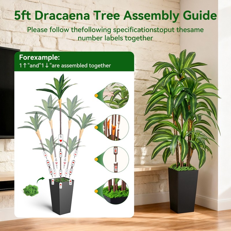 Artificial Dracaena Tree with Lights, 5Ft Fake Plants Black Tall Planter Indoor gallery