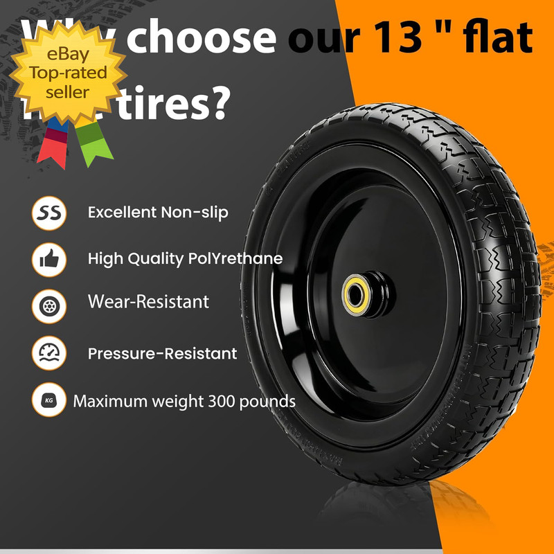 13" Flat Free Wheels Replacement for GOR Garden Cart Tires 4.00 6 Solid Tires gallery