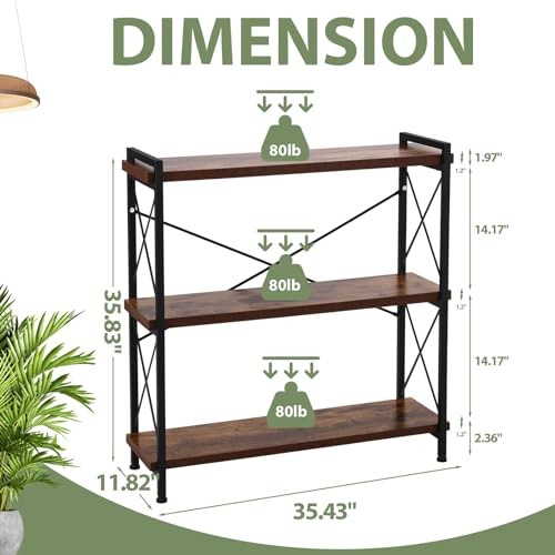 Bookshelf 35.43" Width - Rustic Open 3 Shelf - Dark Walnut - 3 Tiers gallery