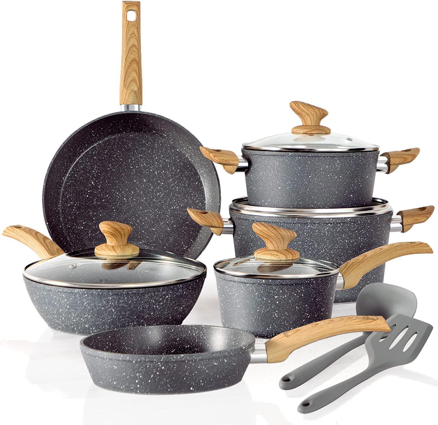 12 Pieces Hammered Cookware Set Nonstick Granite Coated Pots and Pans Set Gray gallery
