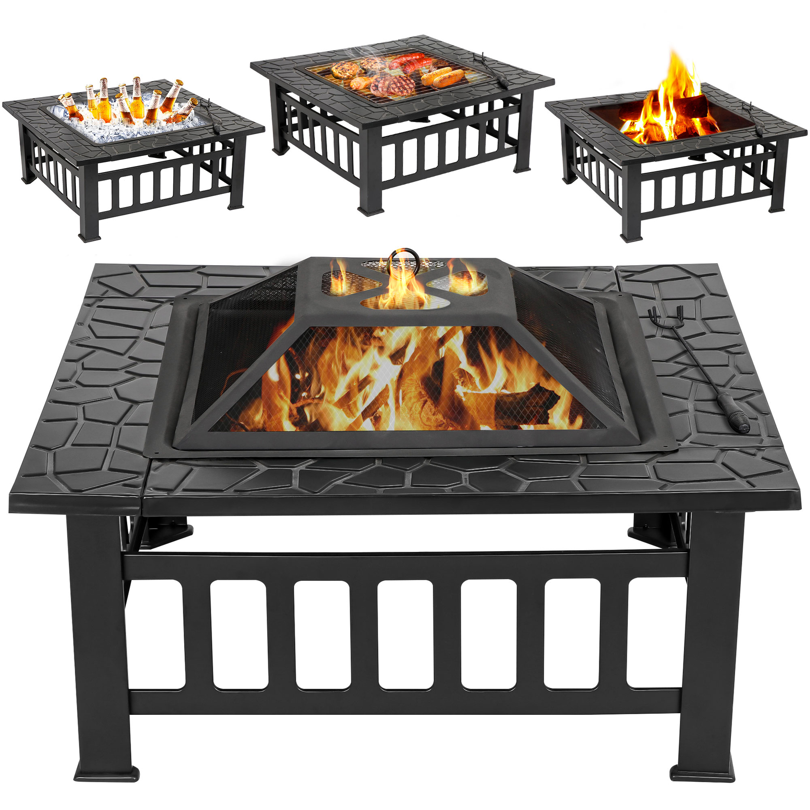 32" Metal Firepit Backyard Patio Garden Square Stove Fire Pit With Cover Party gallery