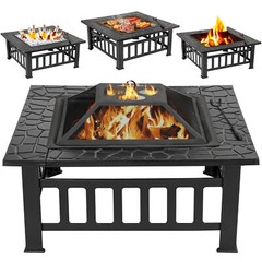 32″ Metal Firepit Backyard Patio Garden Square Stove Fire Pit With Cover Party