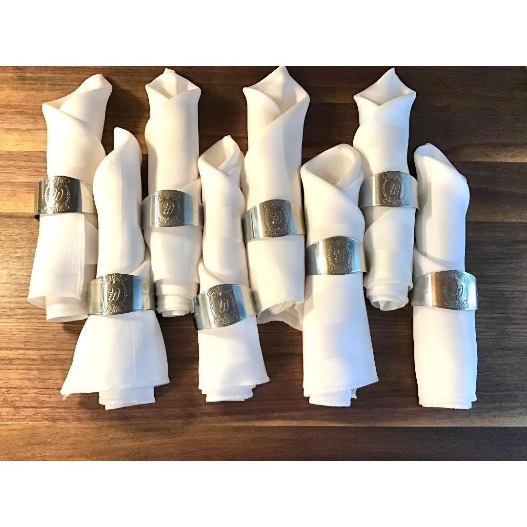 Custom Craft Monogrammed "W" Napkin Rings Stainless Steel (8) & Napkins Classic gallery