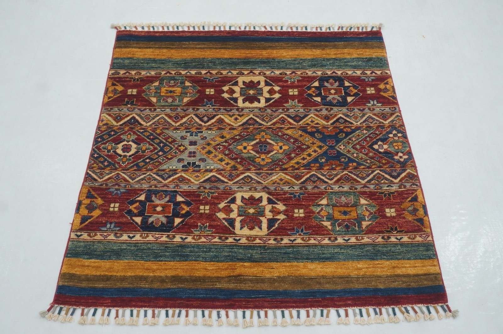 3x3 ft Red Khorjin Afghan Hand Knotted Wool Tribal Small Square Rug gallery