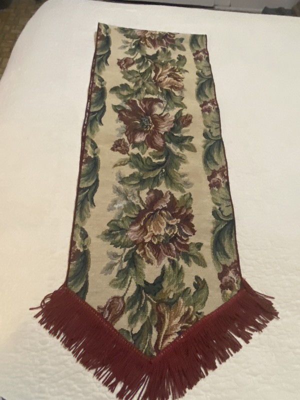 Tapestry style Table Runner 12” X 70”. Green Red Brown on Off-white. Hand Made gallery