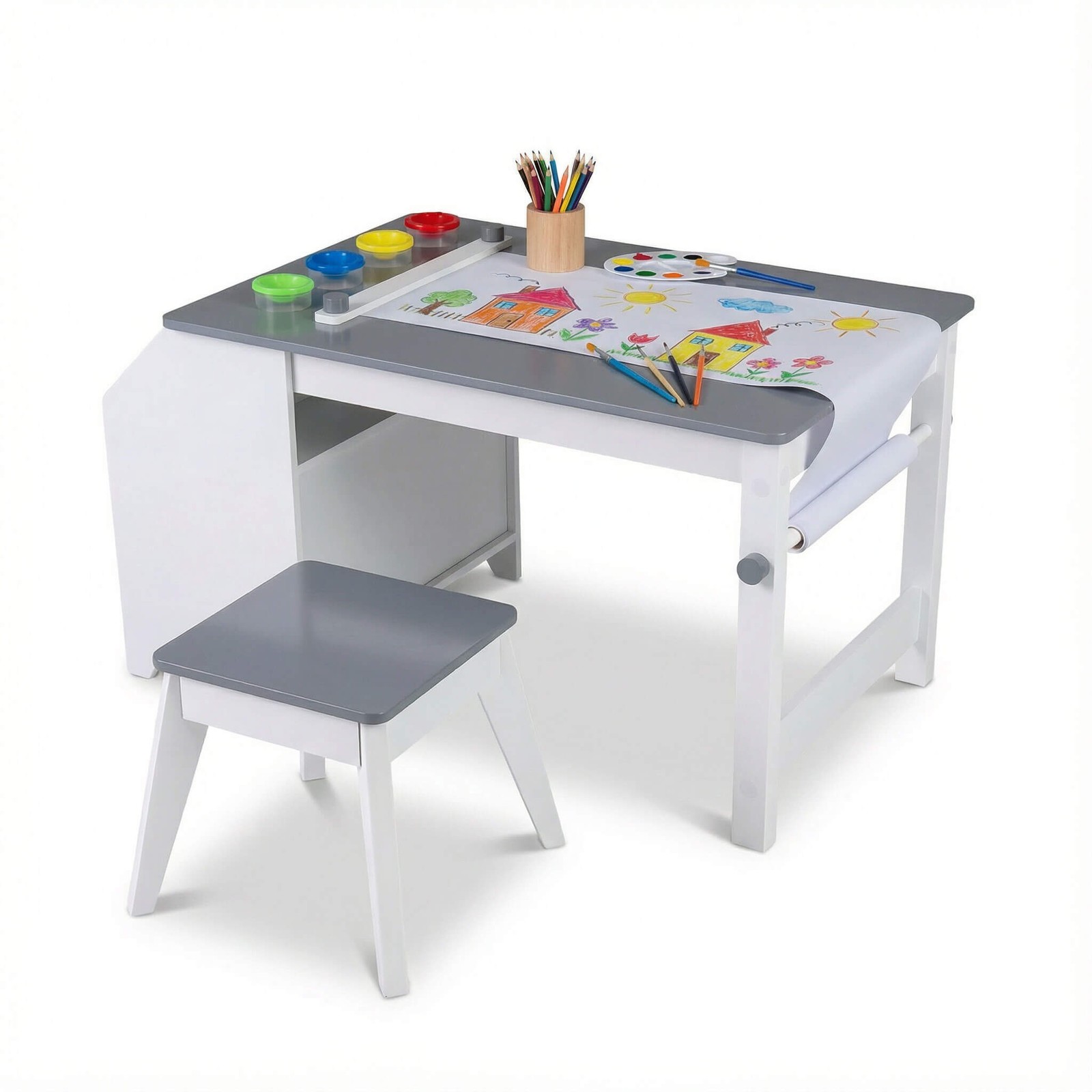 Kids Art Table & Stool w/Paper Roll, 2 Bins & Large Storage for Drawing, Reading gallery