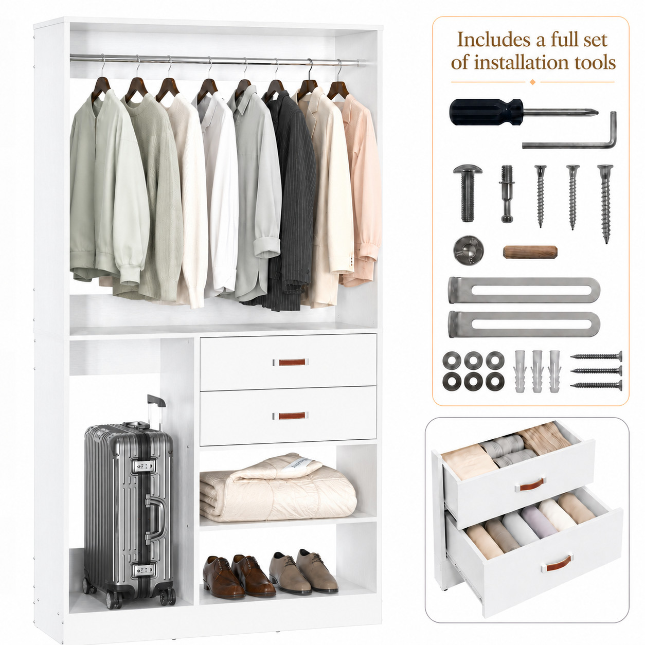 Freestanding Closet System w/ Suitcase & Drawers Storage Wardrobe Garment Rack gallery