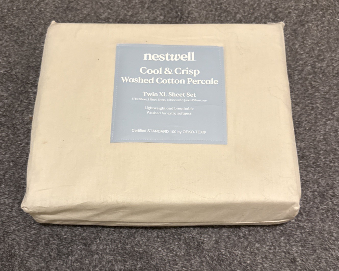 Nestwell Cool & Crisp Washed Cotton Percale Twin XL Sheet Set Cream Beige gallery