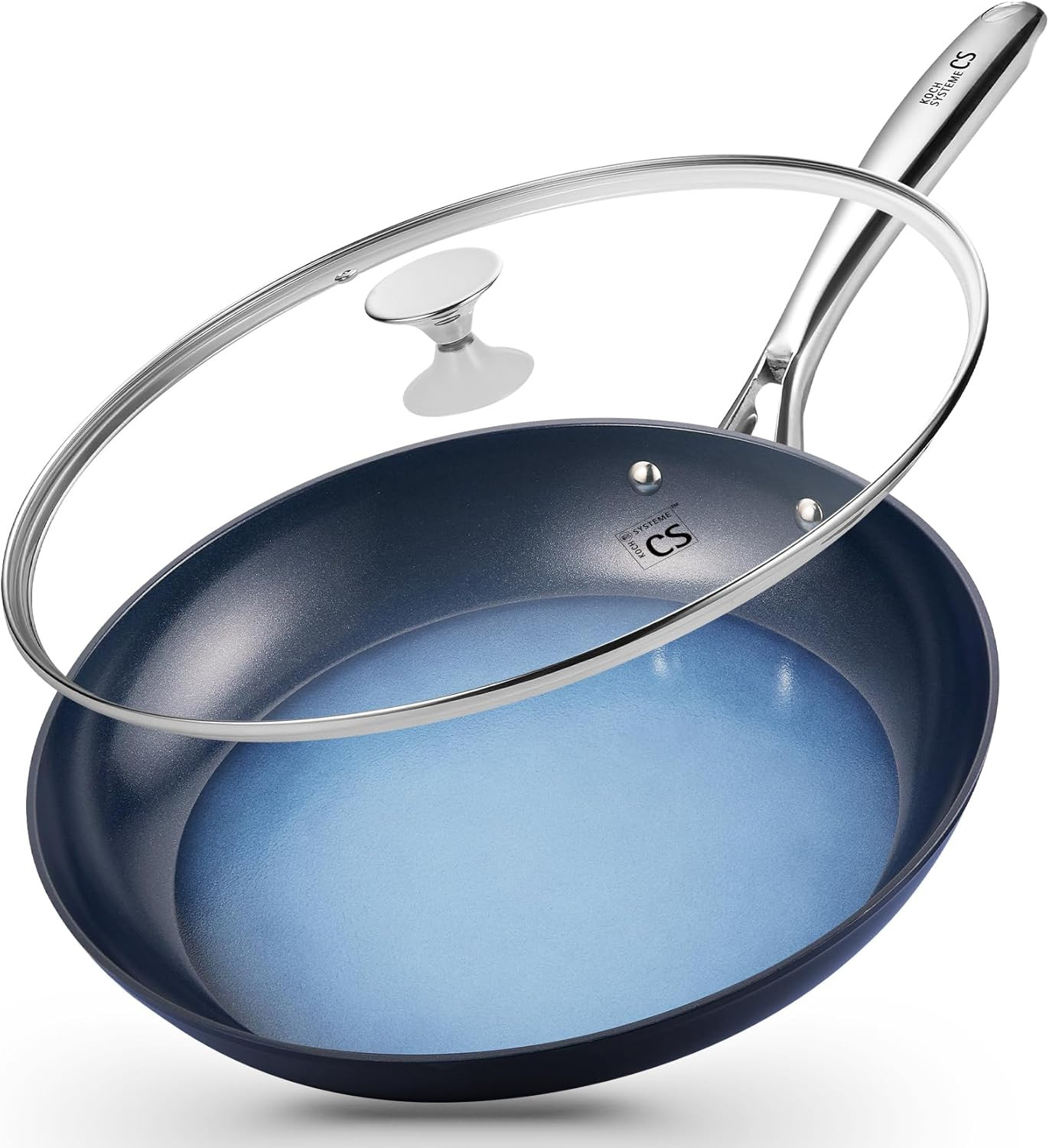 Large 14" Nonstick Frying Pan with Lid, Oven Safe & Induction Compatible, Blue gallery