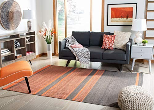 Handmade Flat Weave Wool Accent Rug 4' x 6' - Dark Grey & Orange, High Traffic A gallery