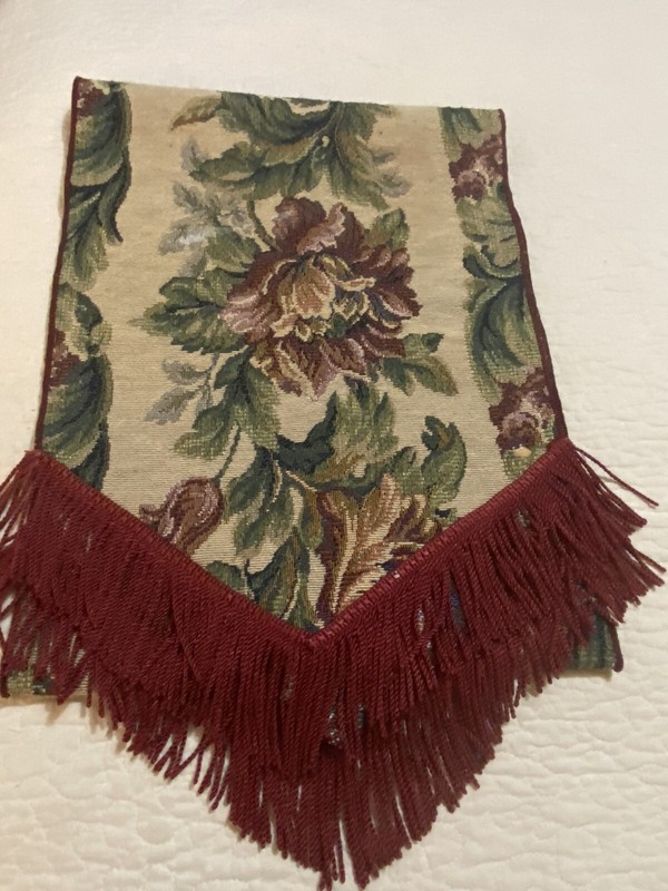 Tapestry style Table Runner 12” X 70”. Green Red Brown on Off-white. Hand Made gallery