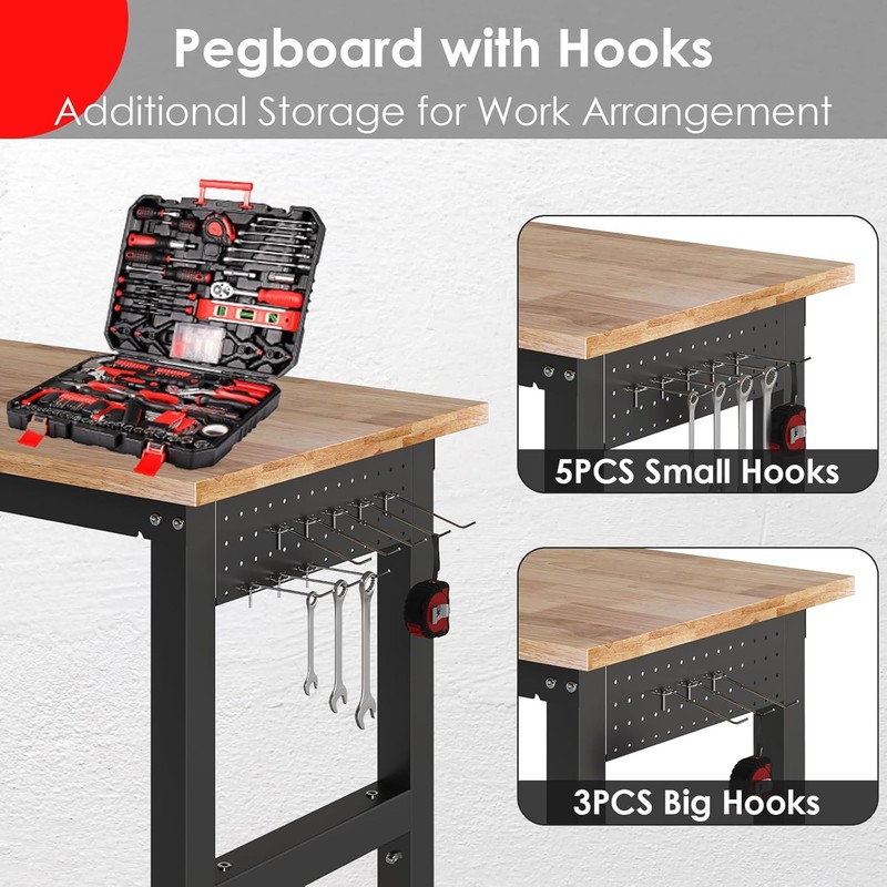 48" Adjustable Work Bench with Power Outlet,Rubber Wood Top Work Table,2000 LBS gallery