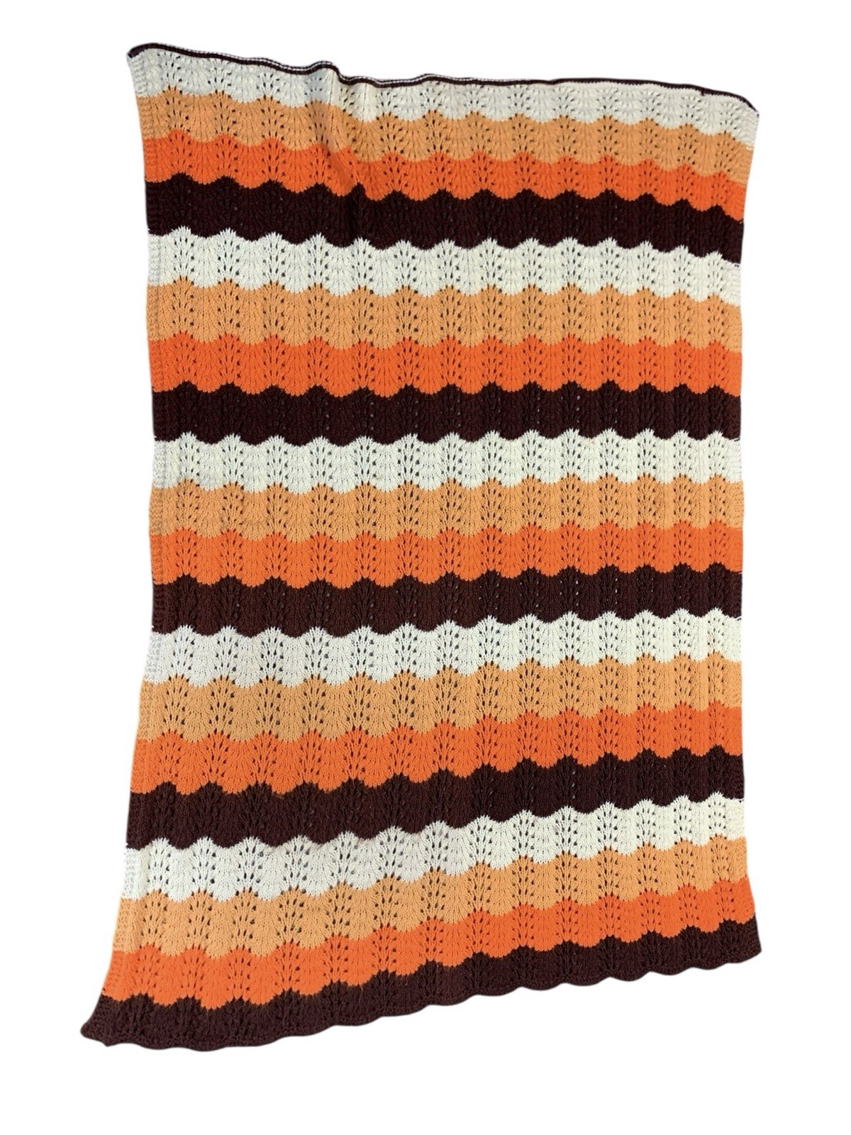 Vintage Crochet Blanket 70’s Chevron Stripe Orange Brown MCM Afghan gallery