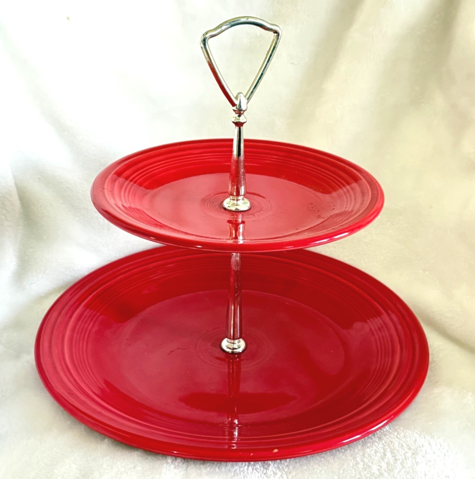 Fiesta Two-Tier serving Stand Red Ceramic Plates W/ Silver Metal Handle vintage gallery