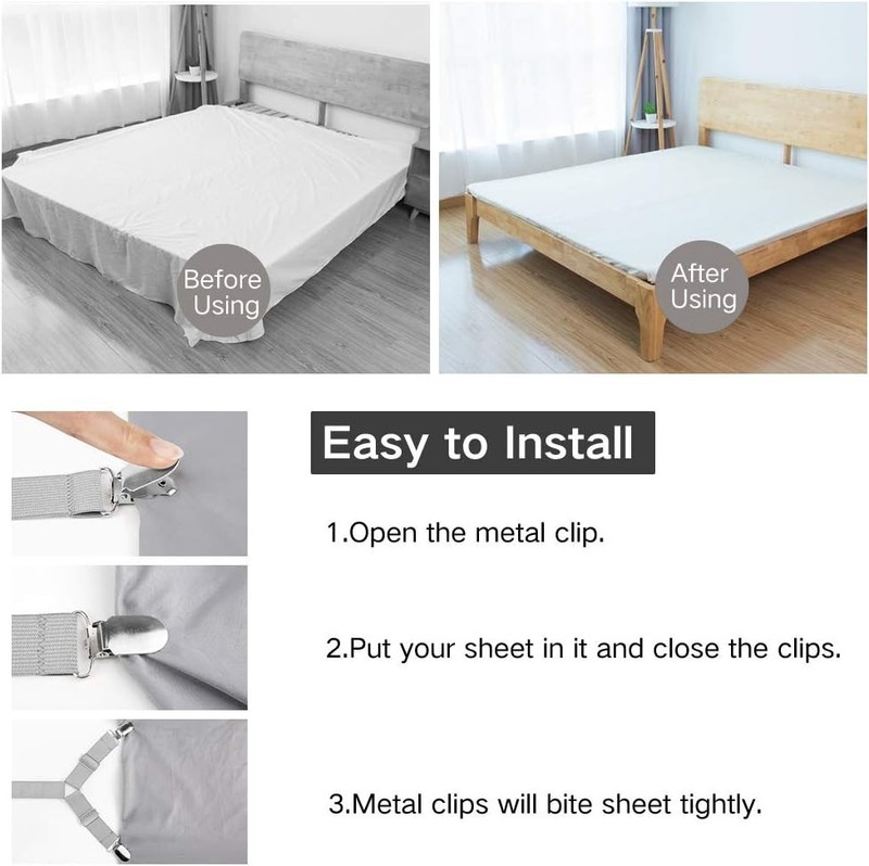 4 Adjustable Fitted Bed Sheet Holders - Elastic Clips to Stay in Place gallery