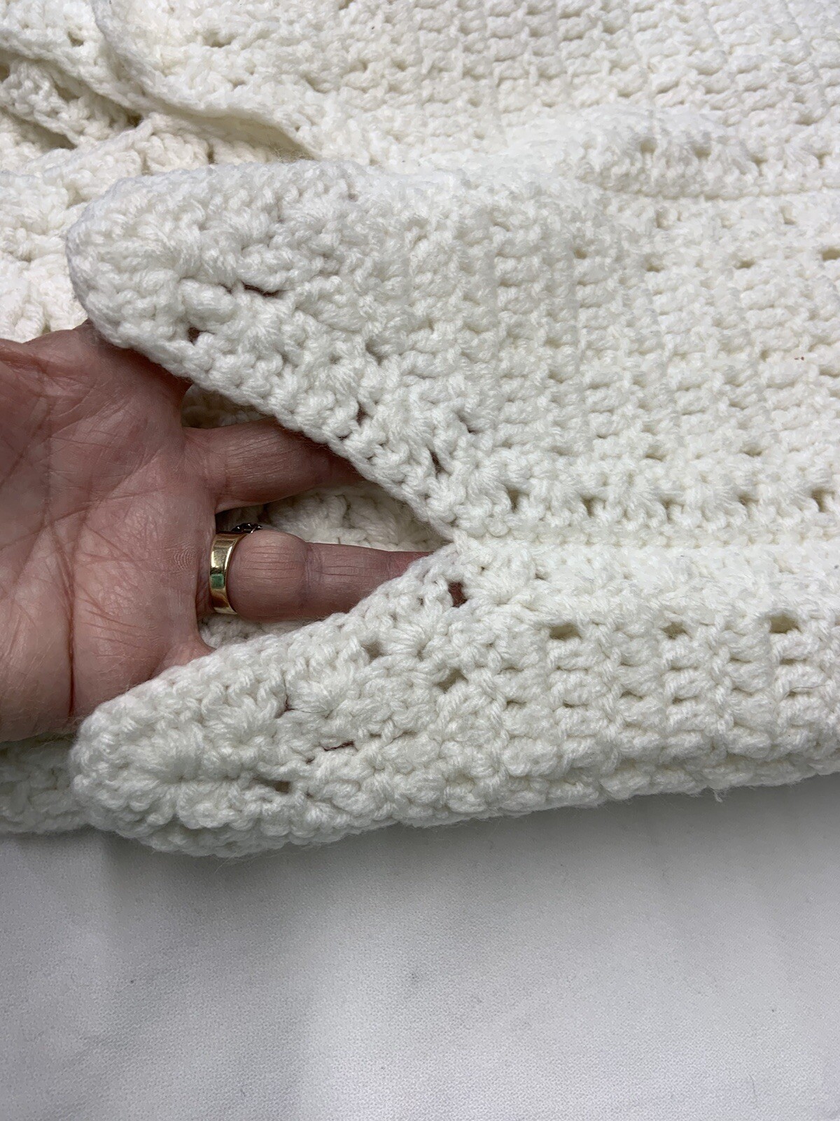 Handmade Knitted White Afghan ,43”X60” With Scallop Hemline, Machine Washable. gallery
