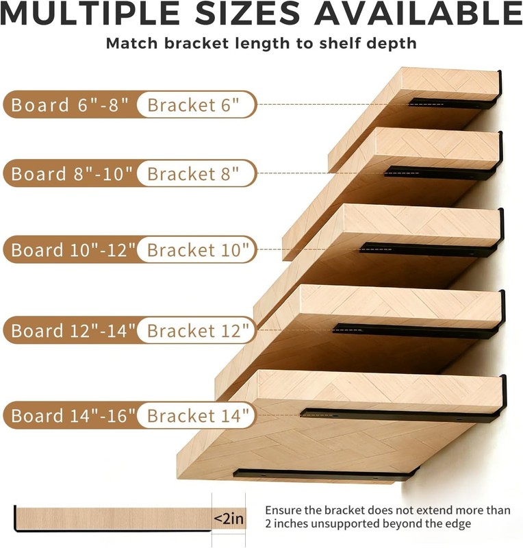 6 Pack 8 Inch Floating Shelf Brackets - Solid Steel Heavy Duty Black gallery