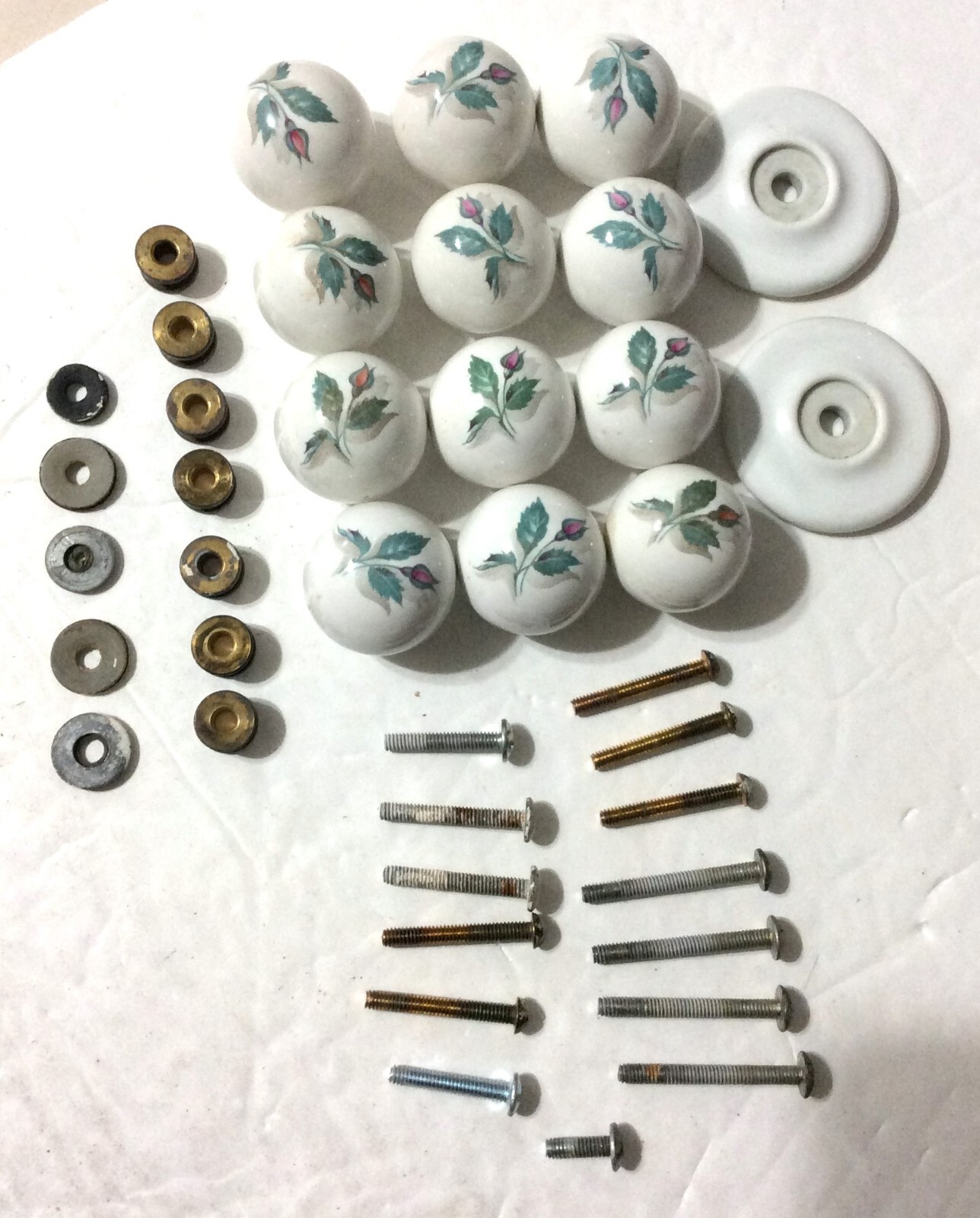 12 Round White Ceramic Drawer Pull Knobs - Rose Bud Design Plus Misc Pieces gallery