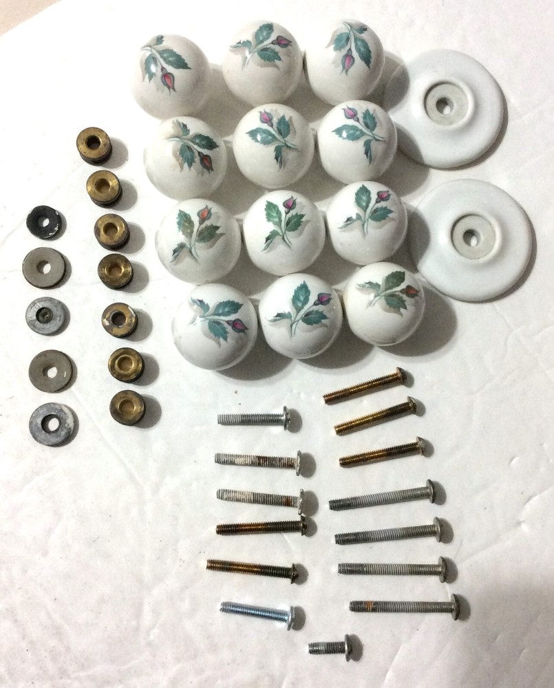 12 Round White Ceramic Drawer Pull Knobs - Rose Bud Design Plus Misc Pieces
