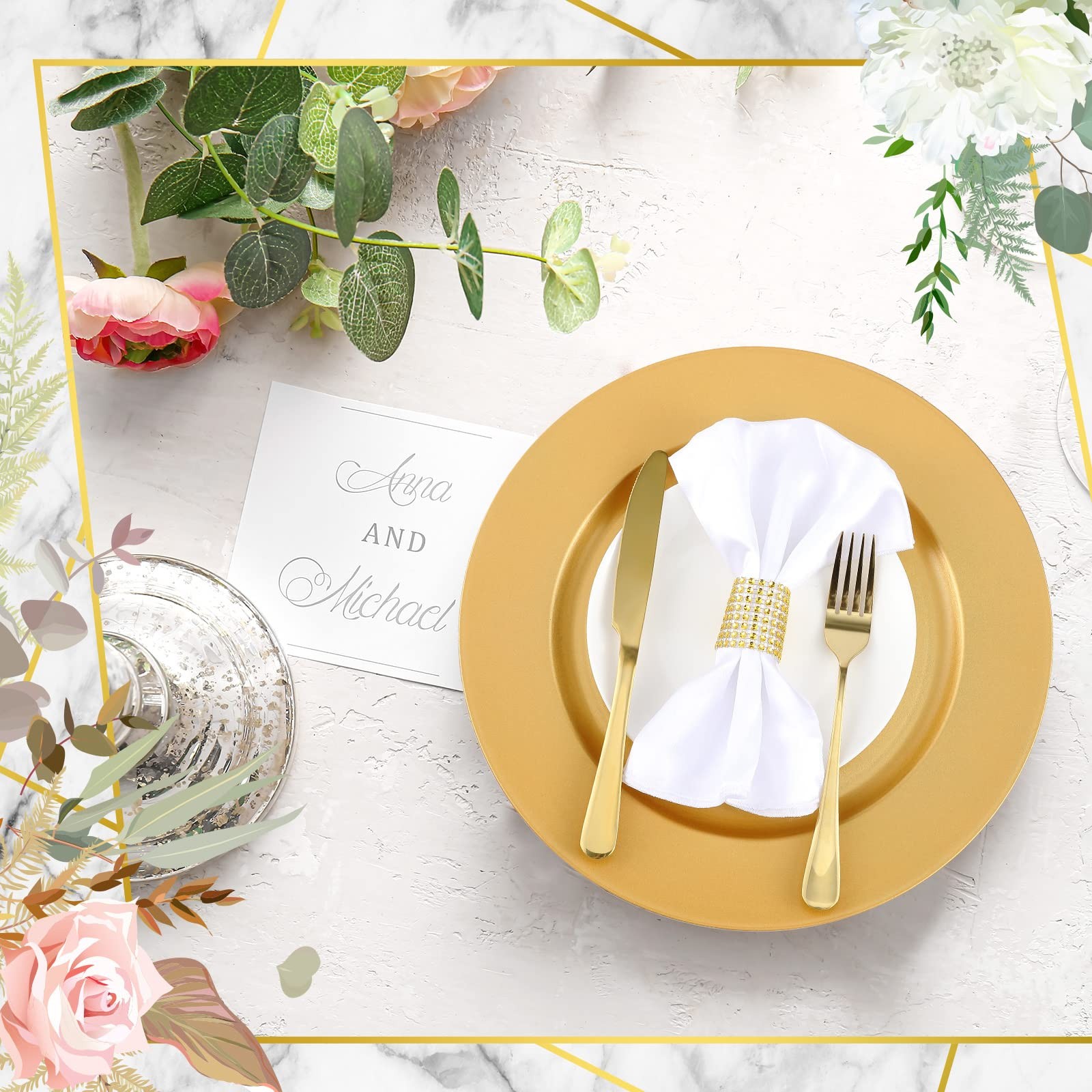 Charger Plates 100 Pcs Set 13 Round Gold Plastic Napkin Rings Tanlade Bulk Table gallery