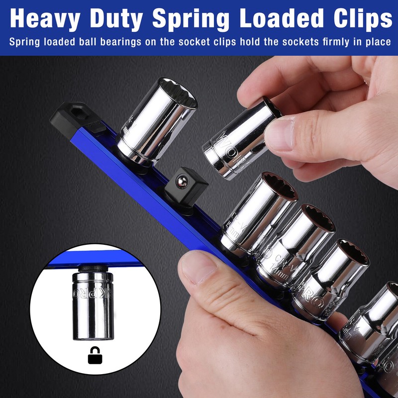WORKPRO Magnetic Socket Organizer Set, 3-Piece Aluminum Alloy Socket Rail Blue gallery