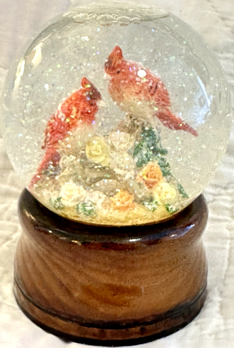 Musical Snow Globe Red Cardinal Birds Summer Spring Time 5” plays EVERGREEN gallery