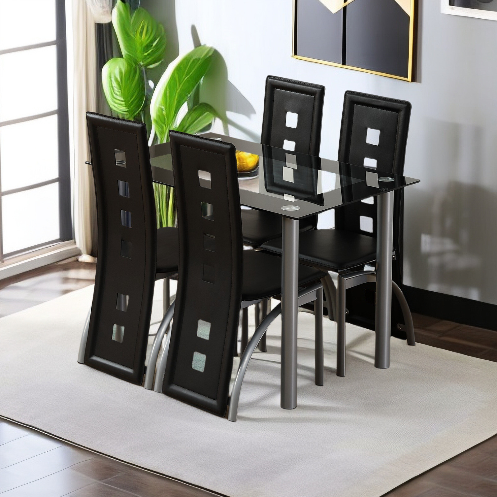 5pcs Dining Set - Tempered Glass Table ,4 Black PU Leather Chairs & Steel Legs gallery