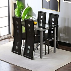 5pcs Dining Set – Tempered Glass Table ,4 Black PU Leather Chairs & Steel Legs