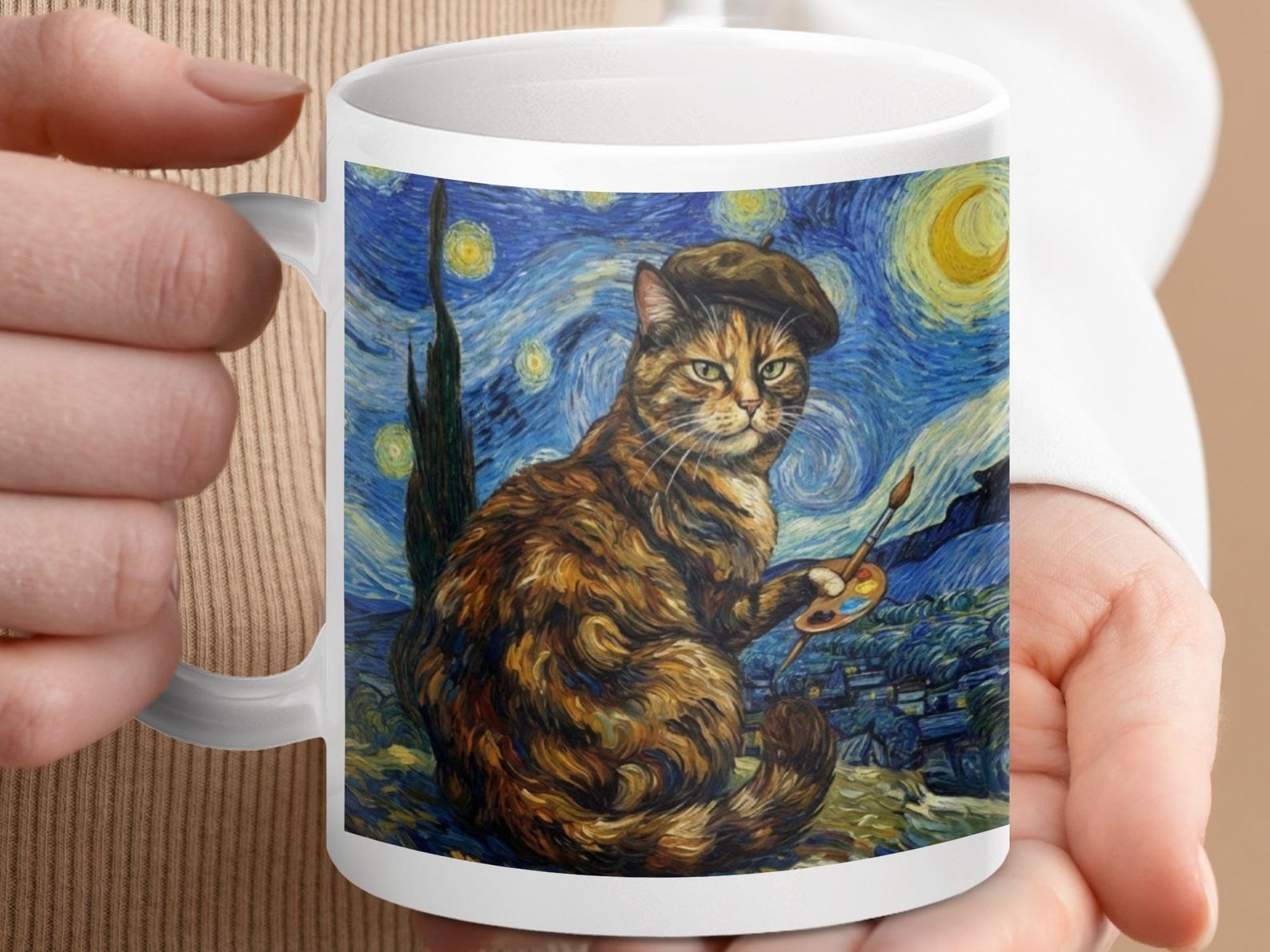 Starry Night Cat Mug Van Gogh Inspired Feline Artist,Painter Cat Funny Coffe gallery