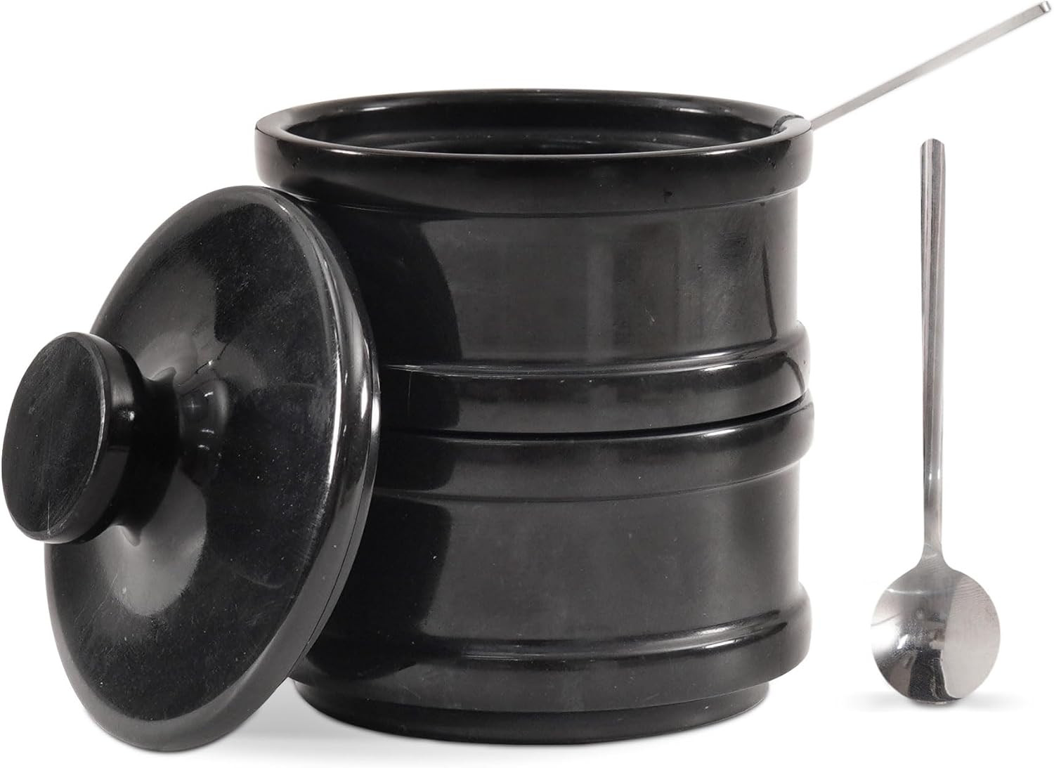 Handmade Marble Black 5.5” Dual Salt Cellar with Lid – 2.3” Each Salt and Pepper gallery