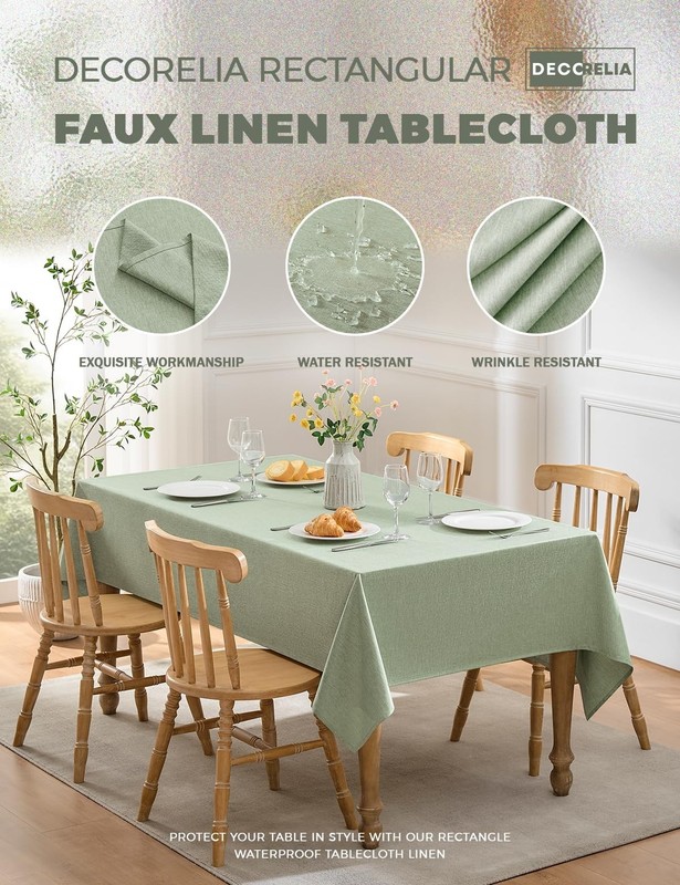 Waterproof Rectangular Tablecloth - Faux Linen, Washable, Farmhouse Style, 52x70 gallery