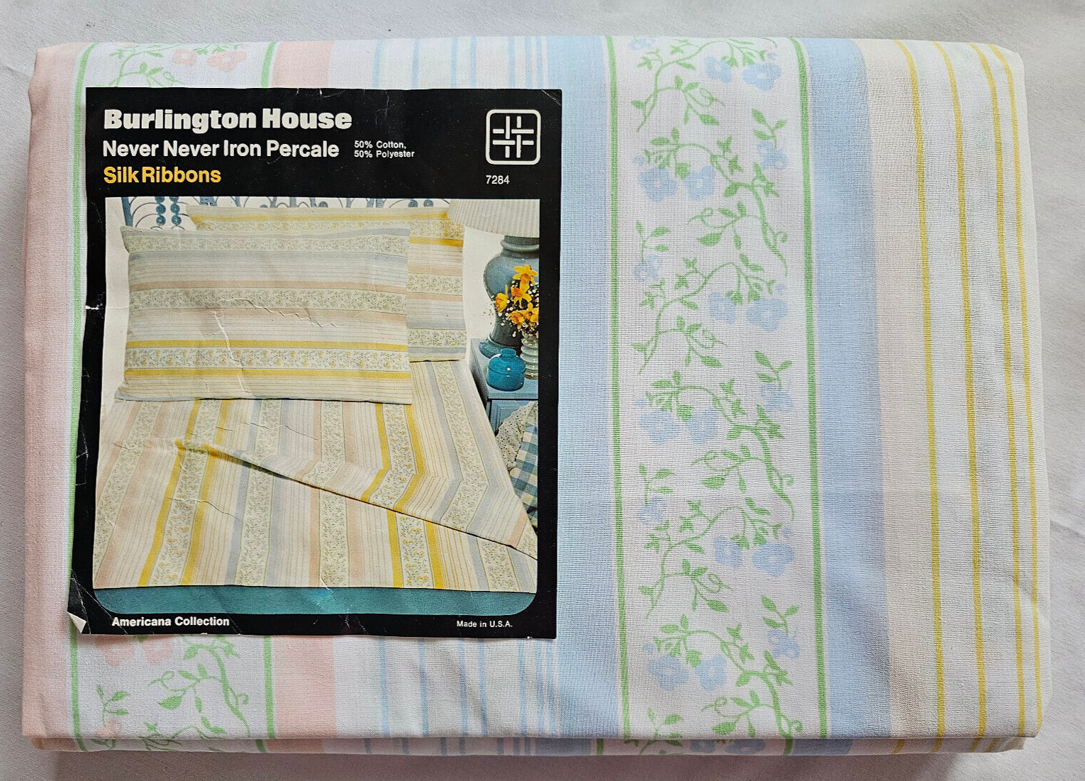 Vintage Silk Ribbons Fitted Sheet Queen Blue Peach Green Blend USA MCM gallery