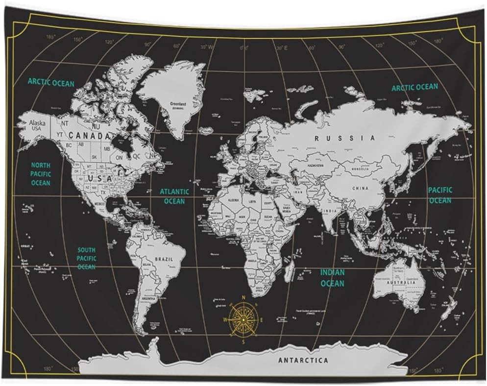 CAPSCEOLL World Map Tapestry Wall Hanging Black 40L x 30W, White 2 gallery