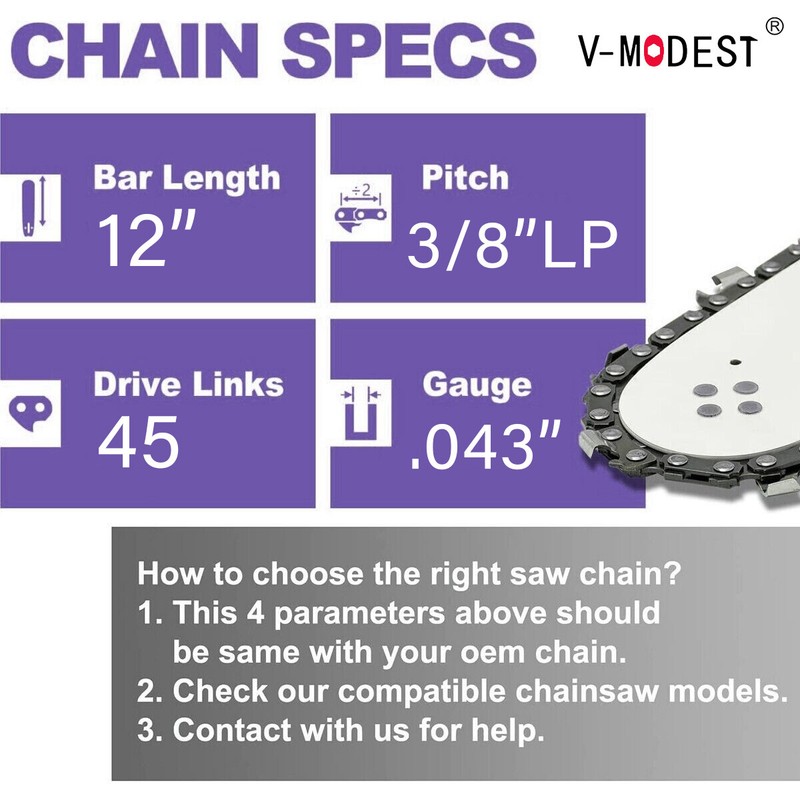 V-MODEST 12" Chainsaw Chain For Dewalt Black&Decker Ryobi Worx 3/8"LP .043" 45DL gallery
