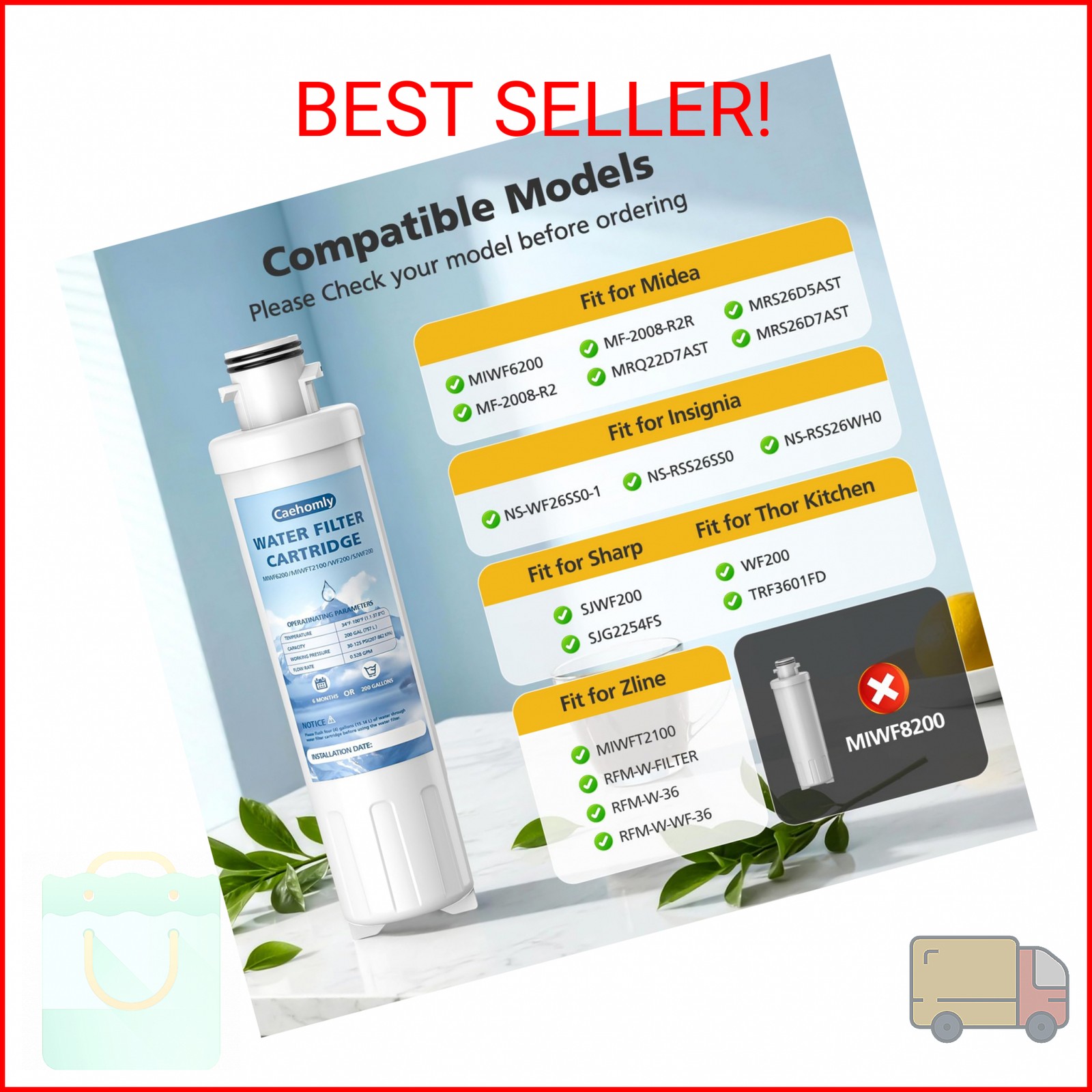 2 PACK MIWF6200 Water Filter Cartridge Compatible with Midea MRS26D5AST, MIWF620 gallery