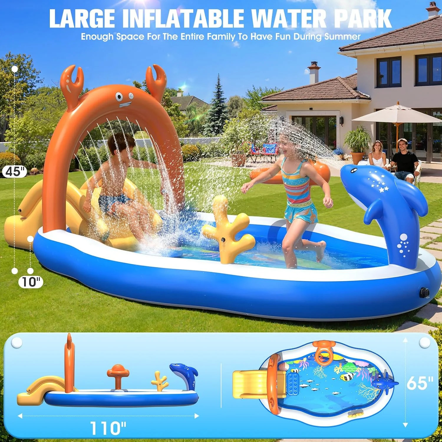 StarOcean 2026 Large Inflatable Play Center,Kiddie Pool with Water Slide&Sprinkl gallery