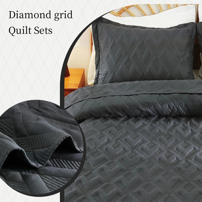 3PCS Black Reversible Quilt Bedding Set Lightweight Bed All Seasons 96"x106 King gallery