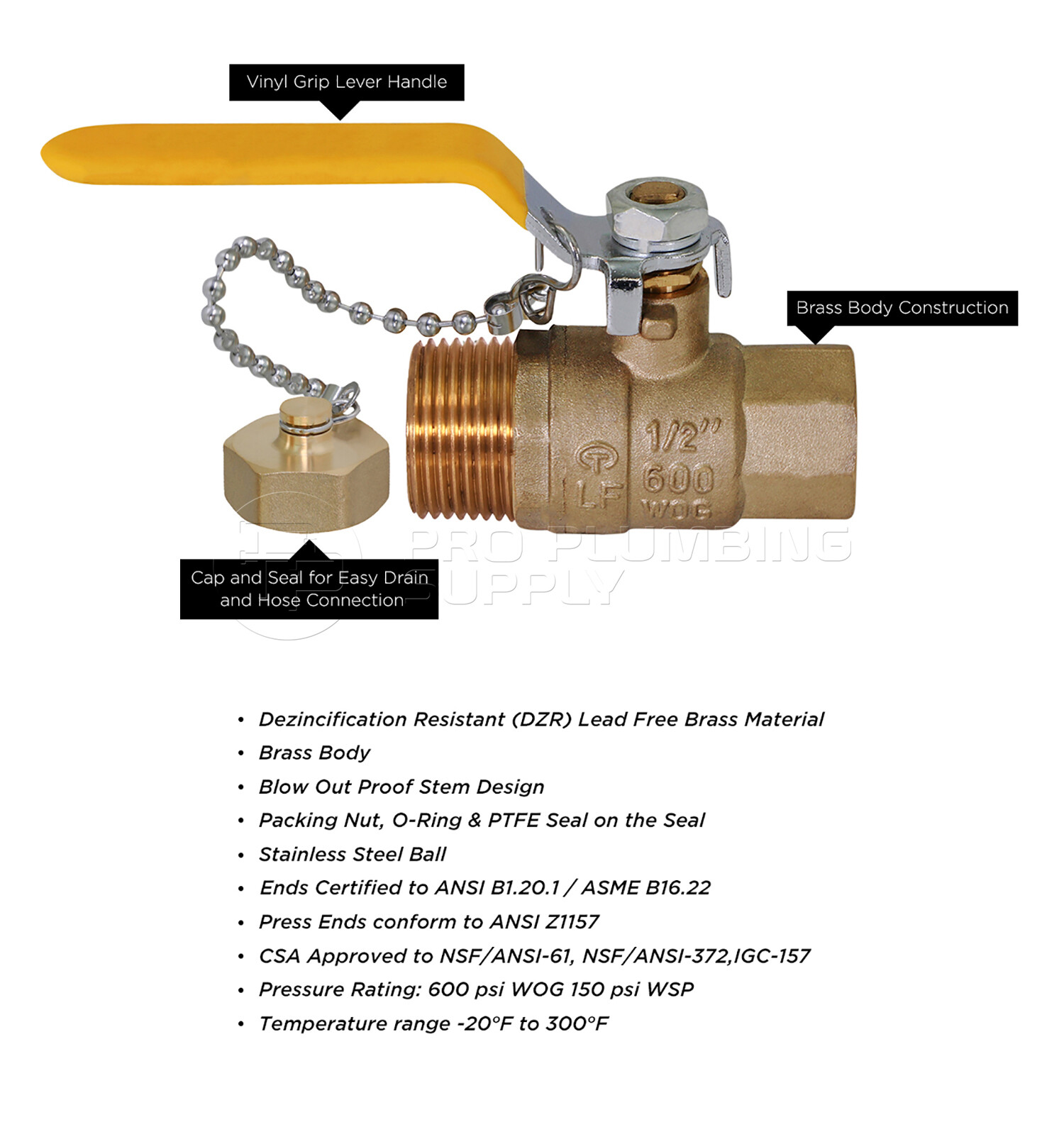 Midline Valve Brass Full Port Hose Ball Valve with Chain and Cap, FIP x Hose gallery