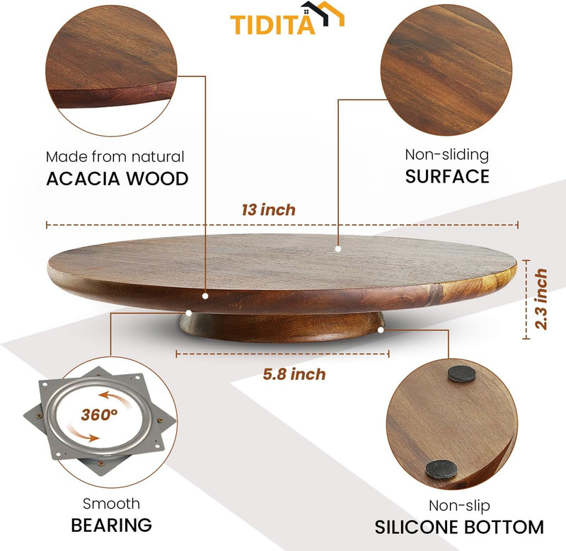 13" Acacia Cake Stand Rotating – Rustic Wood Pedestal Stands Turntable with 2 Ic gallery