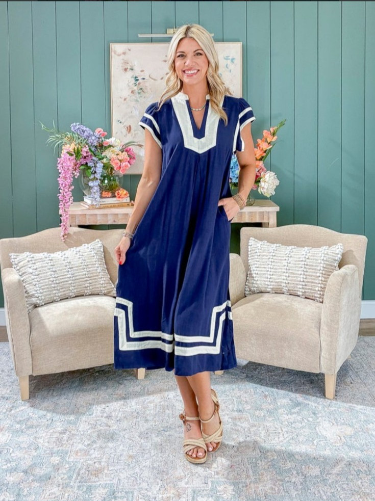Umgee Linen Cotton Navy/Cream Contrast V Neckline Midi Dress Short Sleeve NEW LG gallery