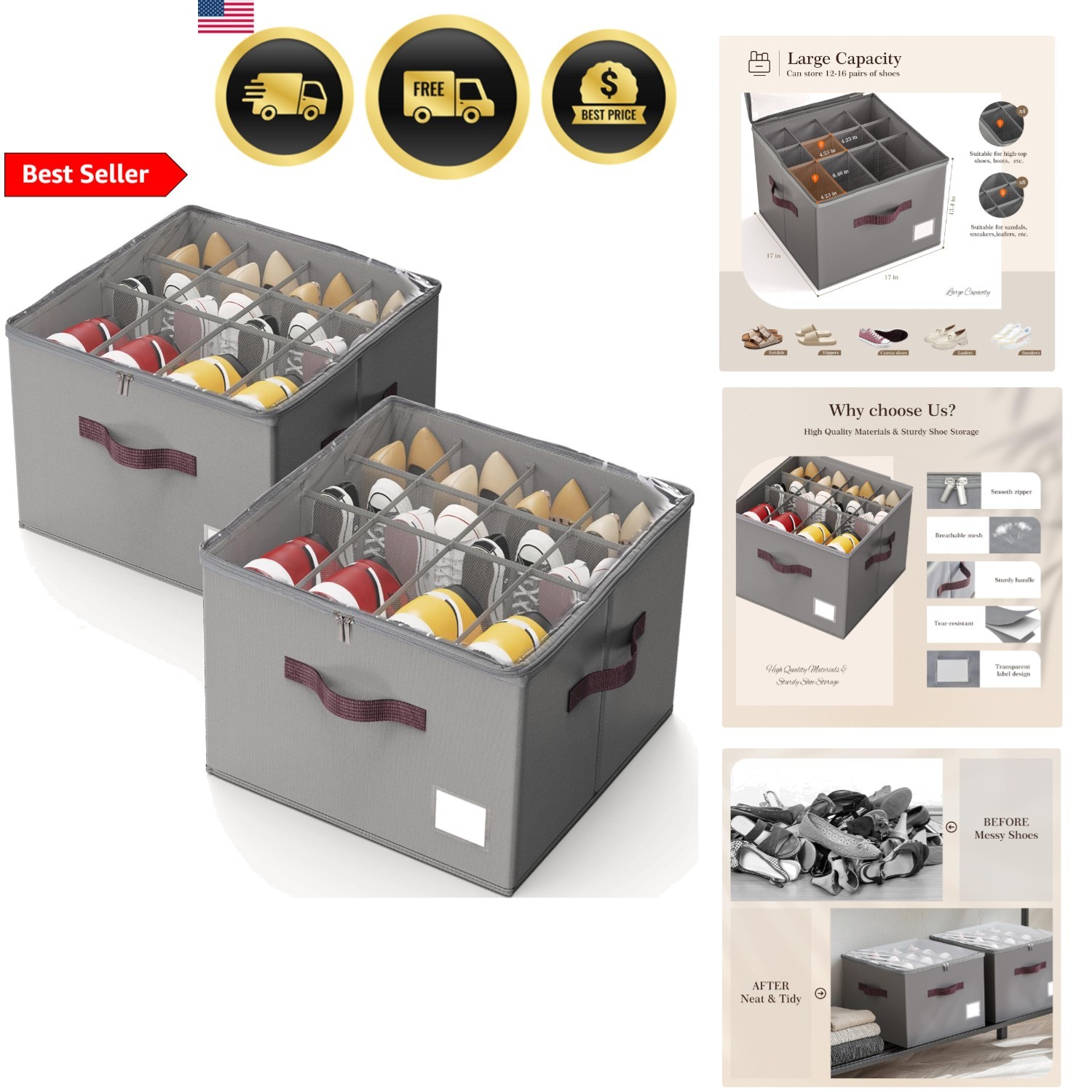 Shoe Organizer Closet Storage 2 Pack Foldable Shoe Box with Handles gallery